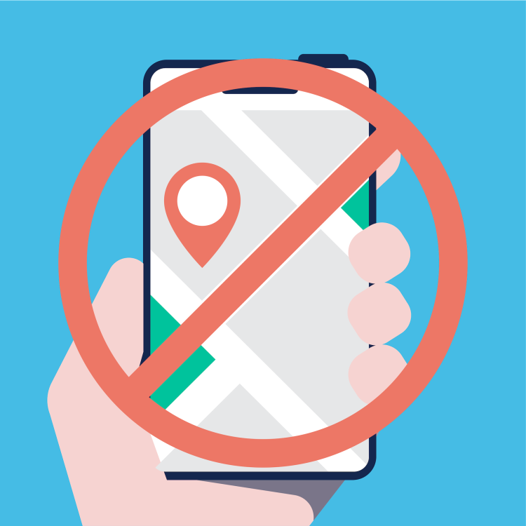 En rød cirkel med en streg igennem, der er placeret hen over en hånd, der holder en telefon, der viser en placeringsmarkør